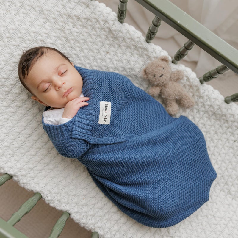 Bleu La La Heritage Knit Organic Cotton Receiving Swaddle Blanket for Boys - 100% Organic Soft Luxury Cotton Warm Cuddle Swaddling Blanket for Newborns Infants Toddler 36" x 32" (0-2Yrs - Denim Blue) - Image 4